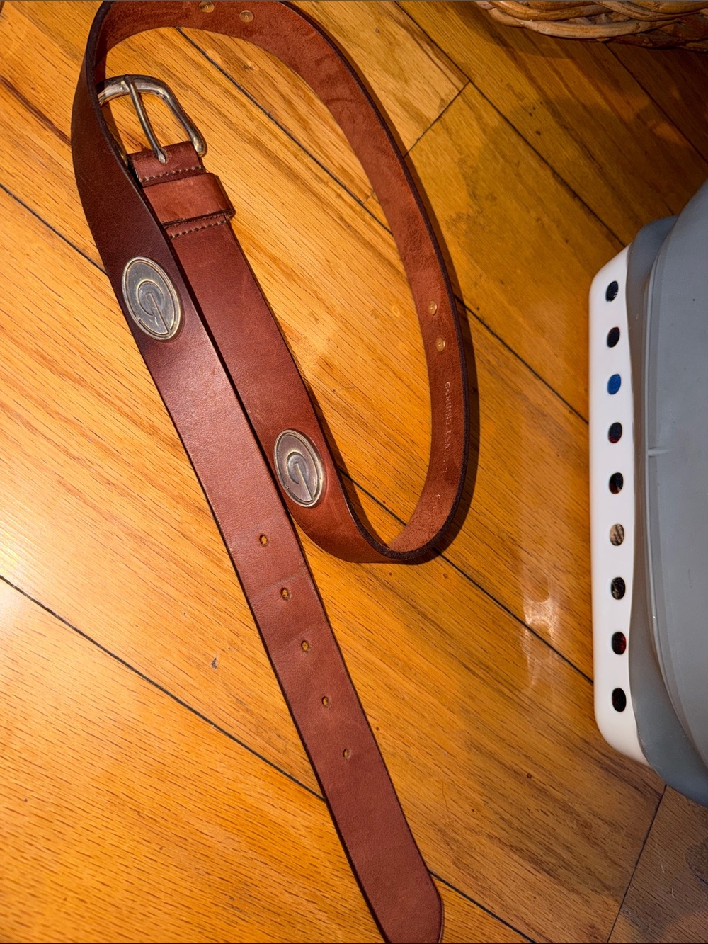 Men's Brown Leather Belt with Branded Metal Accents